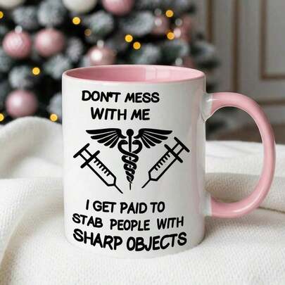 1 ชิ้น 11oz แก้วกาแฟเซรามิกธีมพร้อมสโลแกนเตือนและสัญลักษณ์คทา - ขอบสีชมพูและตัวเครื่องสีขาว, เหมาะสำหรับบุคลากรทางการแพทย์, แพทย์, พยาบาล, ถ้วยมืออาชีพ