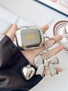 Customized (2 Pieces Set, Including Bow Heart Pendant Chain) Electroplated Glossy Silver Earphone Case Compatible With AirPods 1/2 3 New 4 Pro 3, Customized Letter Name, Cute Big Bow Heart Pendant Chain Earphone Case - Silver - View 2