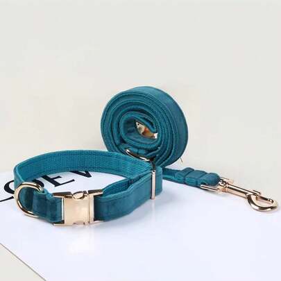 New INS Style Velvet Pet Zinc Alloy Buckle Collar And Leash Set, Adjustable Size Suitable For Small, Medium And Large Dogs, Soft Velvet Material, Durable Zinc Alloy Buckle, Gold-Plated, More Sturdy Than Plastic Buckle, Easy To Tighten And Quick Release (Color May Vary Slightly Due To Fabric Batch Difference)