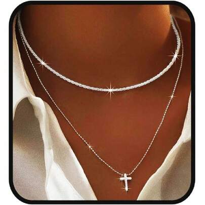 Yalice - Collar de plata de ley 925 brillante en capas, delicado collar de cadena de plata con colgante de cruz de plata, collares con clip de papel, impermeables, minimalistas, regalos de joyería,42555760