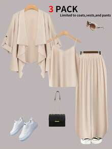 大码女装三件套：纯色V领吊带背心+长裤+时尚不对称外套 - 杏色 - 查看 4