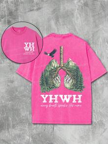 YHWH Nature Vintage Washed Tee 100% Cotton | Forest Lungs Graphic With Birds, Distressed Fabric - Faith-Based Apparel & Thoughtful Gift Idea | Unisex - Hot Pink - View 1