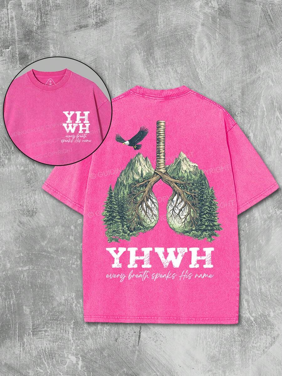 YHWH Nature Vintage Washed Tee 100% Cotton | Forest Lungs Graphic With Birds, Distressed Fabric - Faith-Based Apparel & Thoughtful Gift Idea | Unisex - Hot Pink - View 1