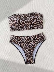 Women's Vacation Printed Strapless High Waisted Pants Bikini Two Pieces Set - Multicolor - View 3