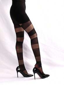 1 Pair Women Thin Striped Printed Leggings Tights - Black - View 4