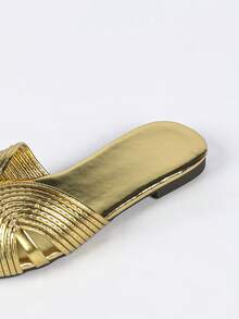 French New Pointed Toe Gold Woven Versatile Soft Vacation Style Open Toe Slide Sandals For Women - Gold - View 8