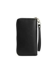 新款刺绣爱心字母拉链钱包，复古简约PU皮革多功能女士手拿包，带腕带 - 黑色 - 查看 4