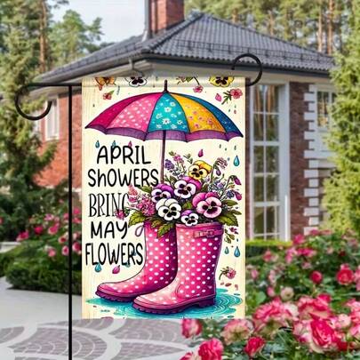 "April Rains, May Flowers Bloom" - 12x18 Inch Single-Sided Garden Flag, Colorful Umbrella And Rain Boot Design, Durable Polyester, Flowers And Raindrops Outdoor Decoration, Suitable For Lawns, Porches Or Patios, Flagpole Not Included, Seasonal Home Decor | Fun Design | High-Quality Handmade, Garden Decoration