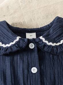 Girls' Casual Solid Color Sleeveless Button Decor Flared Hem Knee-Length Dress, Spring/Summer - Navy Blue - View 3