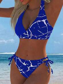 新款V领性感露背高腰比基尼套装，黑色花卉印花，适合夏季海滩度假 - 寶藍色 - 查看 2