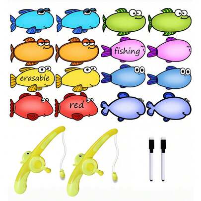 hoojojo Bộ đồ chơi câu cá nam châm 16/24 món, dụng cụ dạy học giáo dục, thẻ học từ vựng tiếng Anh hai mặt có thể xóa được, thẻ nhận thức, cần câu thu gọn sáng tạo, hoàn hảo cho việc học tại nhà và các trò chơi thi đấu trong lớp học, sản phẩm mới cho mùa tựu trường.
