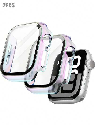 2 Packs Colorful Hard PC Plated Case For Apple Watch Series Ultra/SE/11/10/9/8/7/6/5/4 Tempered Glass Screen Protector Case, Overall Protective Cover Ultra-Thin Shockproof Watch Bumper, For Apple Watch Case 40/41/42/44/45/46/49mm, Intelligent Watch Accessories