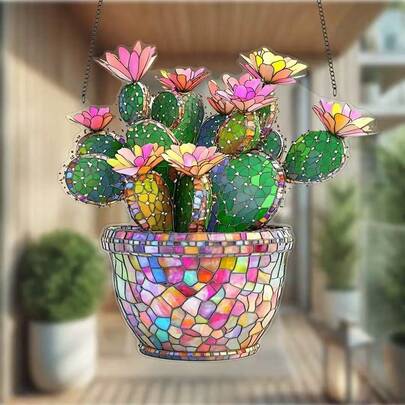 2D亚克力仙人掌花挂饰，带链亚克力吊坠