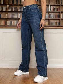 Vaqueros de pierna recta simples para mujeres para uso diario ,Pantalones holgados con bolsillos en azul oscuro, Jeans, Pantalón denim holgado no elástico azul oscuro - Azul - Ver 4