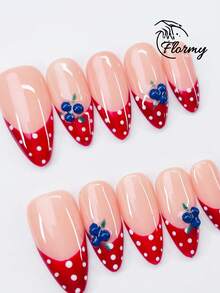 10 Pieces Of Pure Handmade Vintage-Style Long Pointed Almond-Shaped Wearable Nails. Red French Tips With 3D Blueberry And Leaf Accents, White Polka Dots, Bohemian Style. Elevate Your Elegance, Enhance Your Hand Shape. Perfect For Spring And Summer Outings, Beach Vacations, Dates, Music Festivals, And Fashion Shows. Includes Jelly Glue And Nail Files For Long-Lasting Wear. - Baby Pink - View 2