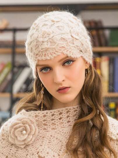 1pc Handmade Vintage Crochet Flower Beanie Hat, Hollow Floral Design, Fashionable Woolen Cap Suitable For Daily Wear In Autumn/Winter