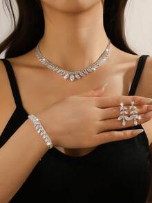 3pcs Shiny Korean Jewelry Set, Lotus Leaf Design, Suitable For Wedding Party Attire, Holiday Gift - White - View 1
