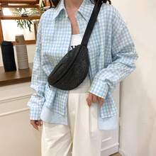 Handmade Straw Waist Bag, Vacation Style Portable Chest Bag, Minimalist Japanese Crossbody Pouch - Black - View 5