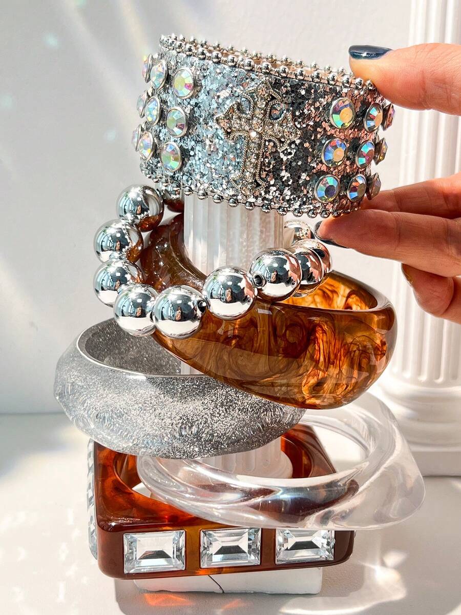 1件装奢华夸张宽手镯，仿珍珠装饰，多层复古金属设计 - 多色A - 查看 1