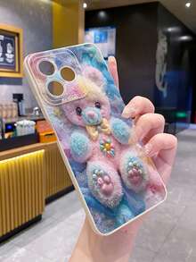 1pc Glitter Plush Bear Shockproof Phone Case, UV Printed, Compatible With Samsung/Galaxy/ Android Models - Beige - View 2