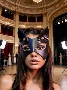 1 pieza Máscara de cuero con orejas de gato para disfraz, máscara de orejas de gato de cuero como accesorio para fiesta de carnaval - Ver 4