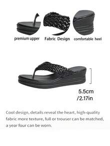 Women's Summer Woven Strap Toe-Clip Wedge Sandals, Thick Sole Height-Increasing Lightweight Casual Wear For Vacation And Commute - Black - View 8