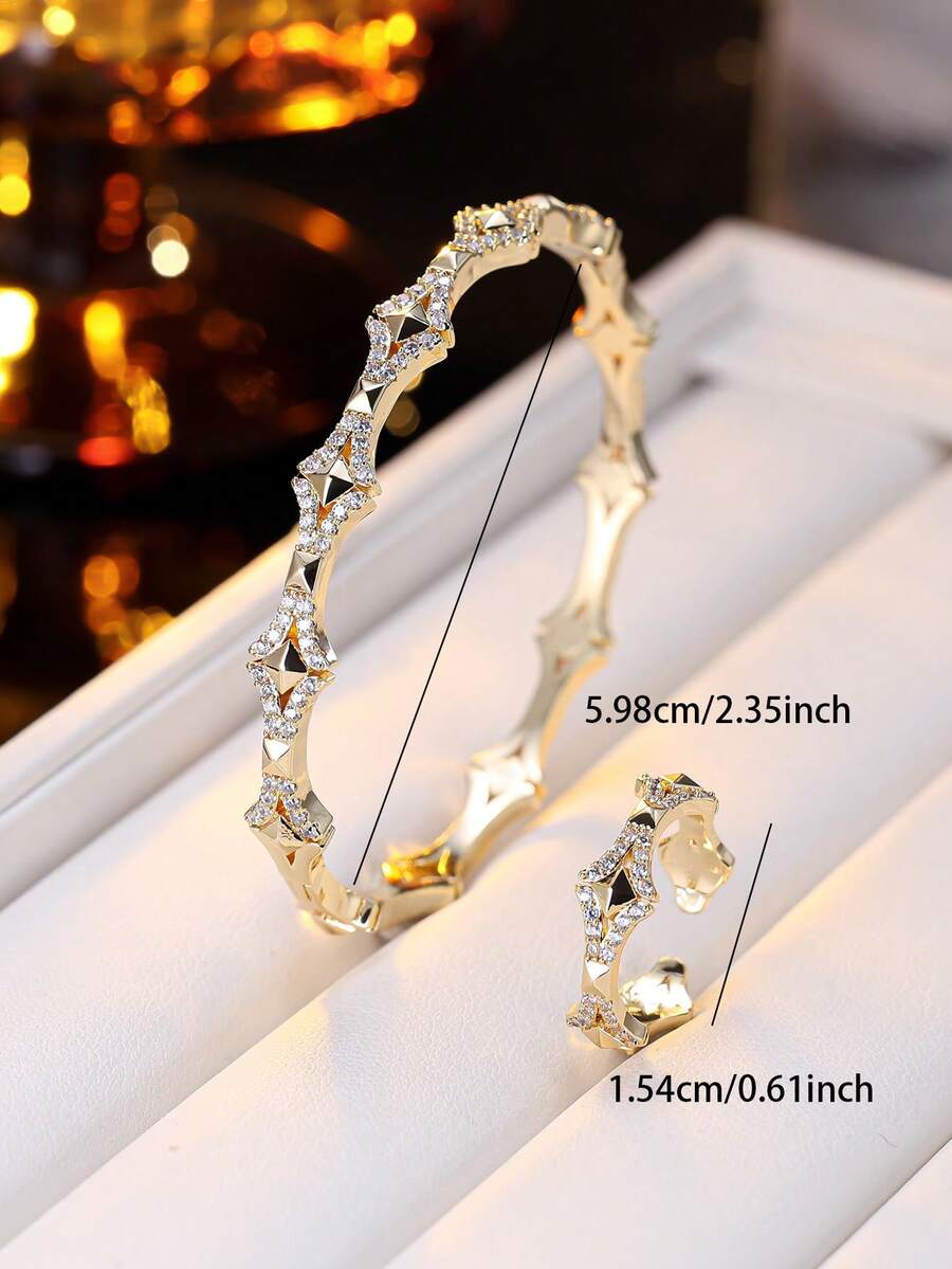 Bộ 2 món vòng tay và nhẫn đính đá Zirconia hình ngôi sao hình học lãng mạn, quà tặng kỷ niệm/sinh nhật cho phụ nữ.