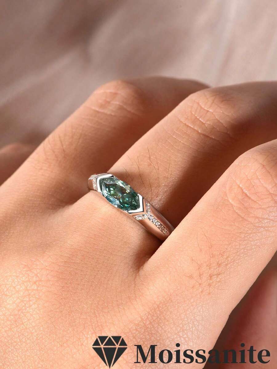 1枚S925纯银1.1克拉莫桑石蓝绿色眼睛设计女士结婚戒指、订婚戒指、日常佩戴戒指、节日礼物 - 彩色 - 查看 1