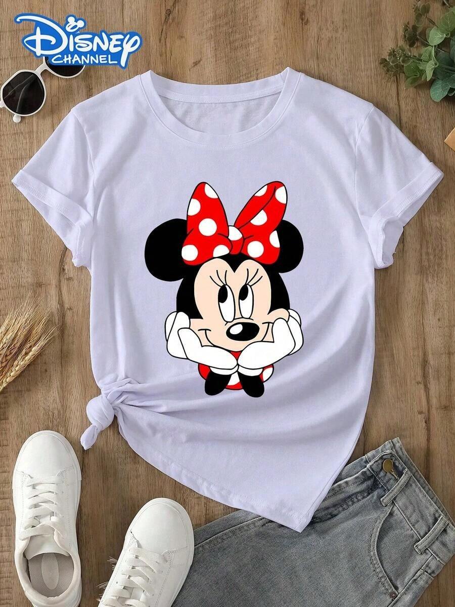 Disney Lady's T-Shirt, Featuring A Creative Minnie Cartoon Pattern Print. Spring/Summer Style Women's Round-Neck T-Shirt. The Fabric Is Soft, Comfortable And Breathable, Suitable For Daily Wear, Shopping, Traveling, Parties, And At Home. It Is Also Suitable As A Beautiful Gift. Every Lady Deserves To Own One. - 白色 - 查看 1