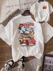 Disney Loose Fit "EXTREME" Lightning McQueen, Banya, Sally Front And Back Printed T-Shirt From "Cars", Suitable For Summer And Spring, Short Sleeved Top, Women's Clothing, Holiday Gift Party Clothing. - Blanc - Voir 1