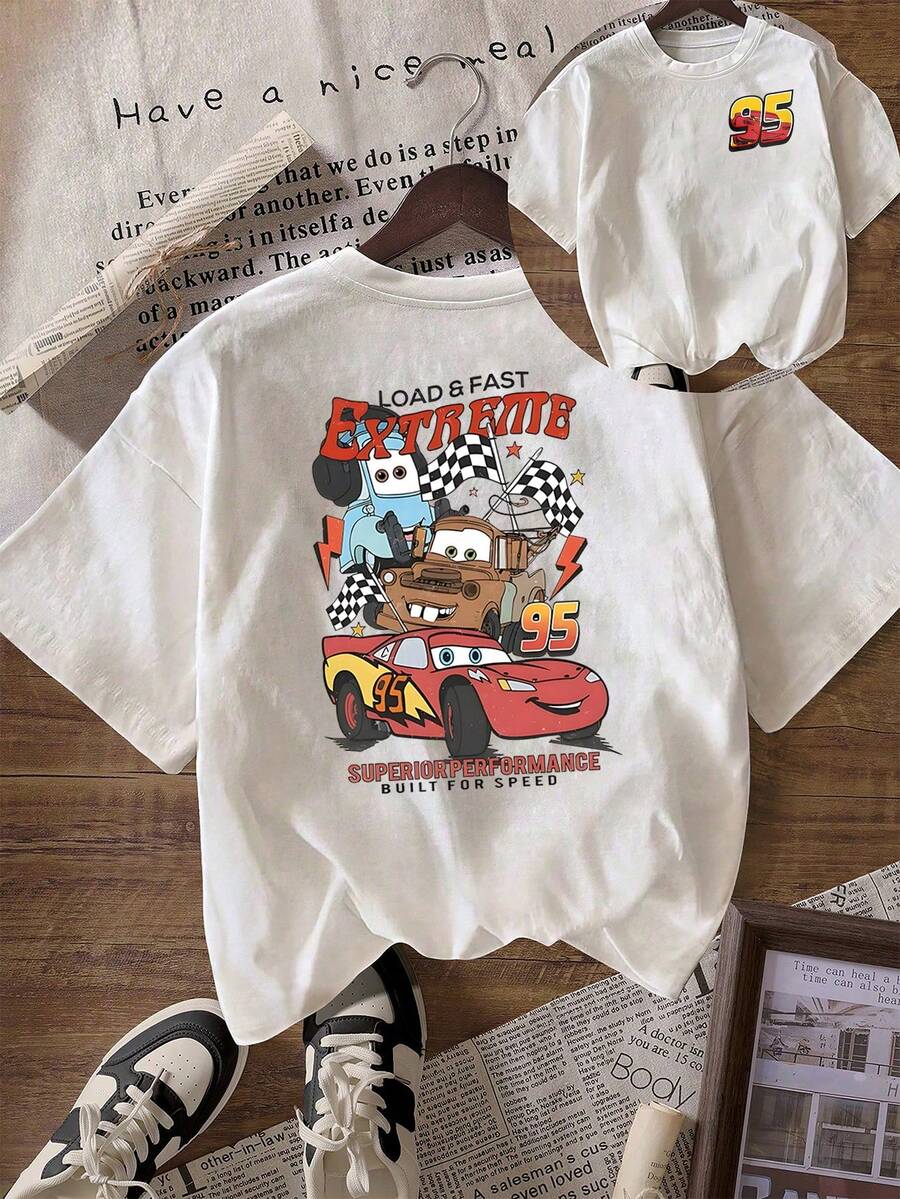 Disney Loose Fit "EXTREME" Lightning McQueen, Banya, Sally Front And Back Printed T-Shirt From "Cars", Suitable For Summer And Spring, Short Sleeved Top, Women's Clothing, Holiday Gift Party Clothing. - Blanc - Voir 1