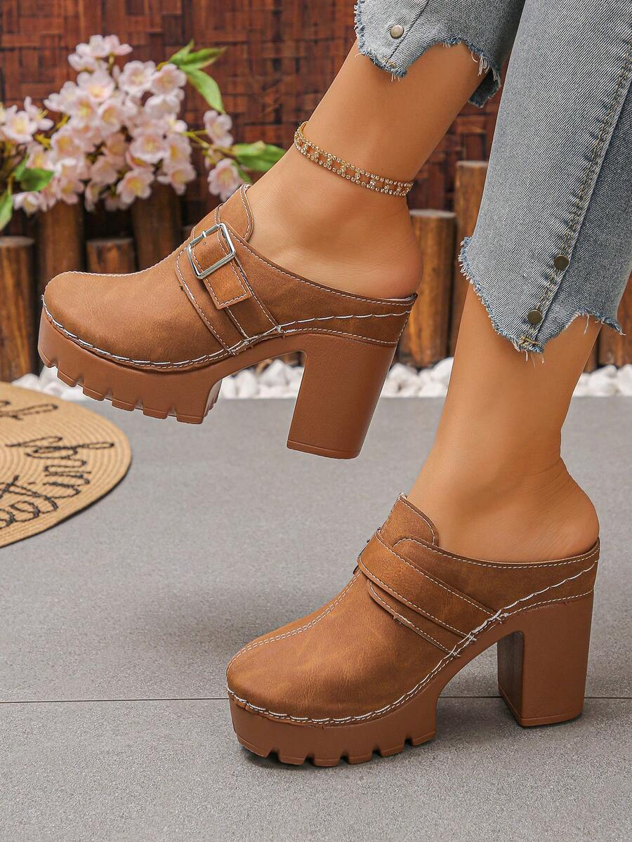 1 Pair Simple Solid Color Buckle Decor Comfortable Slip-On Women High Heel Platform Wedge Sandals, Closed Toe High Heels, Retro College Style For Spring/Summer Daily, Party, Music Festival, Brown - بني - مشاهدة 1
