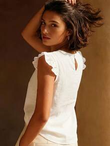 Women's Pleated Round Neck Short Sleeve Top, Layered Ruffle Cuff, Regular Length Casual Summer Blouse - Off White - View 5