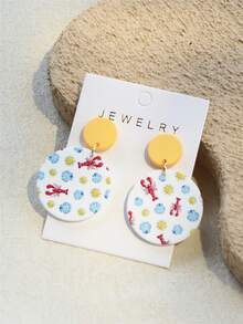 1对女士海洋风情虾、龙虾、贝壳和太阳印花陶瓷质感亚克力圆形可爱度假风耳环 - 彩色 - 查看 6