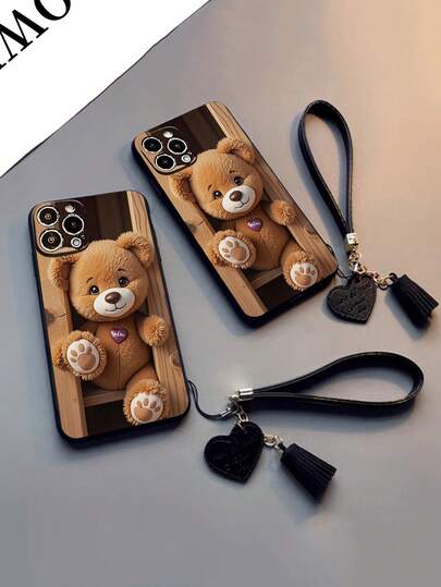 1pc Perforated Straight Edge Bear Painted Thick Shockproof Painted Phone Case With Decorative Accessories, New Leather Heart Wrist Strap DIY Phone Case Pendant, Short Wrist Strap Pendant Suitable Compatible With Iphone, Galaxy, /