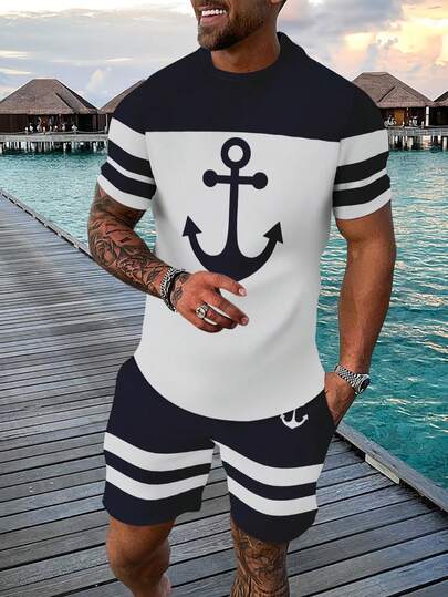 3D Printed Breathable Outdoor Sports T-Shirt And Shorts Set, Casual Summer Outfit For Men