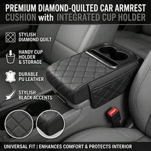 1 件装优质菱形缝线 PU 皮革汽车扶手垫，带杯架的中控台保护垫，时尚菱形缝线设计，双储物袋，通用尺寸，提升舒适度并保护内饰，汽车内饰升级，理想礼品 - A - 查看 5