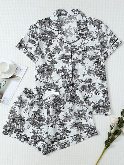 2pcs Women Ink Painting Print Pajama Set, Collar Button Short Sleeve Top And Bow Tie Shorts, Sweet Sleepwear
