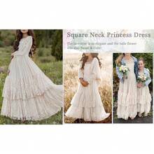 2026 Girls Elegant Lace Flower Boho Dress Long Sleeve Backless Square Neck Ruffle Party Maxi Dress - 06 淺綠色 - 查看 7