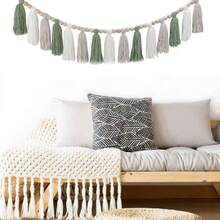 1pc Handmade Christmas Tassel Wreath - Ombre Green, Accented With Navy, Gray, Light Green, Light Brown And White. Colorful Tassel Garland Decor, Can Be Hung On Wall For Home Decor, Boho Tassel Wreath, Classroom Holiday Decoration, Adds Festive Vibe To Your Home - Multicolor - View 2