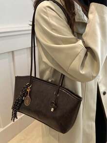 Bolsa de boliche de Pu cor café com zíper e estampa de losangos, grande capacidade, estilo sacola, com toque aveludado, modelo retrô, com detalhe de corda, ideal para uso diário feminino. Bolsa com laço na moda para mulheres. - Café - Ver 3