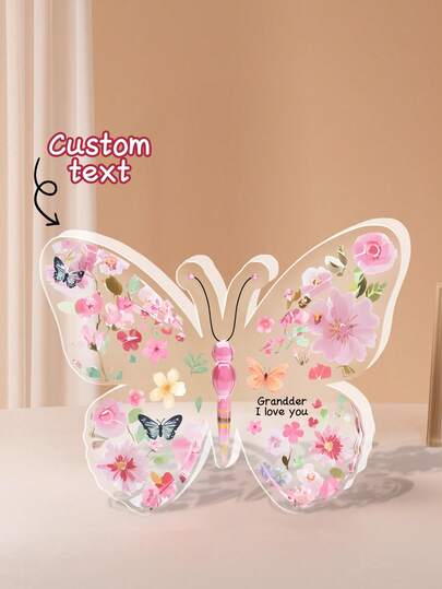 1pc Customize Text Butterfly Acrylic Plaque,Personalized Pink Butterfly Desk Decor, Custom Name & Message Acrylic Sign, Watercolor Butterfly Design Keepsake, Memorial Gift For Mom, Grandma, And Loved Ones,Butterfly Desk Display, Ideal Memorial Gift For Mother'S Day/Birthday,Personalized Gifts,Birthday Gifts