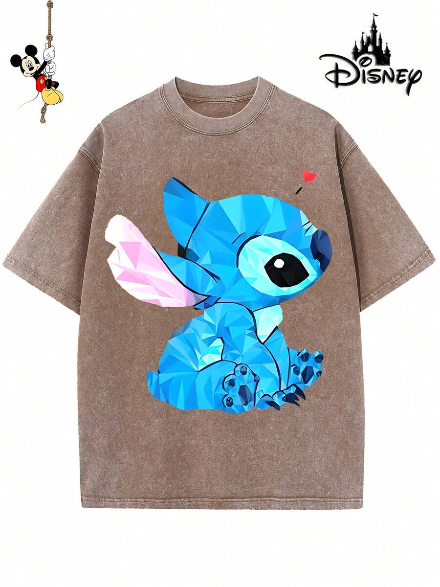 Disney-Licensed Men's Cotton T-Shirt For The 2026 Family Holiday. Featuring A Stitch Motif, Washed Crew Neck, Soft And Comfortable Feel, Easy Care And Suitable For Various Occasions Such As Holidays, Everyday Life And Commuting – Full Of Festive Spirit. - 咖啡棕 - 查看 1