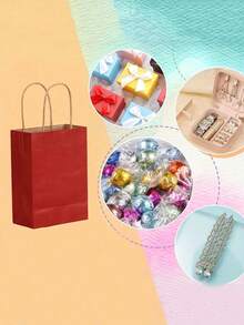 5/10/25pcs Red Kraft Paper Bags, Handles, Takeout, Milk Tea, Gift, Clothing Store Packaging Bags - Red - View 5