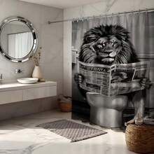 趣味狮子读报浴帘，防水防霉涤纶材质，浴室装饰，幽默动物图案，带挂钩，加厚隐私帘，适用于淋浴房和浴缸，易于安装、清洁、快干，浴室隔断帘，适用于家庭、酒店、公寓、水疗中心，时尚黑白图案浴帘，不褪色，防水，必备淋浴配件 - 黑灰 - 查看 2