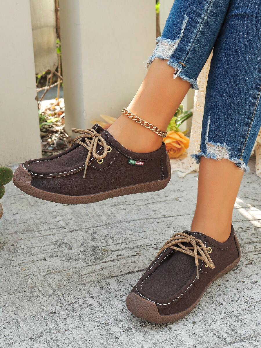 New Women's Suede Knit Flat Shoes, Elegant Faux Suede Flats, Comfortable Solid Slip-On Shoes Suitable For All Seasons, Round Toe Versatile Casual High-End Lightweight Outdoor/Work Shoes, Women's Work Shoes, Slip-On Shoes, Women's Shoes, Business Casual Women's Shoes, Women's Shoes - Brown - View 1
