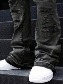 Men's Flared Jeans, Slim Fit Distressed Flare Leg Jeans, Y2K Stacked Jeans, Contrast Wash Embroidered Jeans, Suitable For All Seasons - Black - View 5