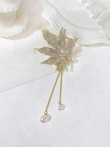1pc Premium Crystal Maple Leaf Pearl Tassel Hair Clip, Retro Elegant Hair Accessory - Gold - View 6