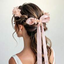 优雅粉色花朵蝴蝶结发箍，新娘婚礼发饰 - 粉色 - 查看 2