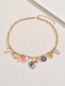 1pc Beach Style Necklace With Heart, Peace Sign, Bow, Eye Shaped Pendants, Faux Pearl & Shell Pendants, Suitable For Women To Wear At Beach, Vacation Or Party - Love - View 3